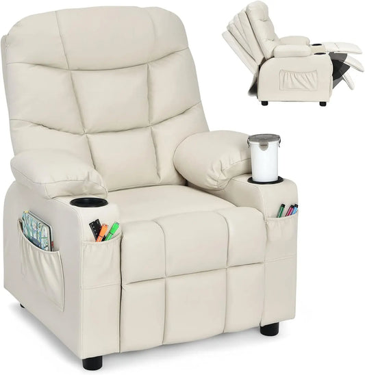 A children's lounge chair with a cup holder