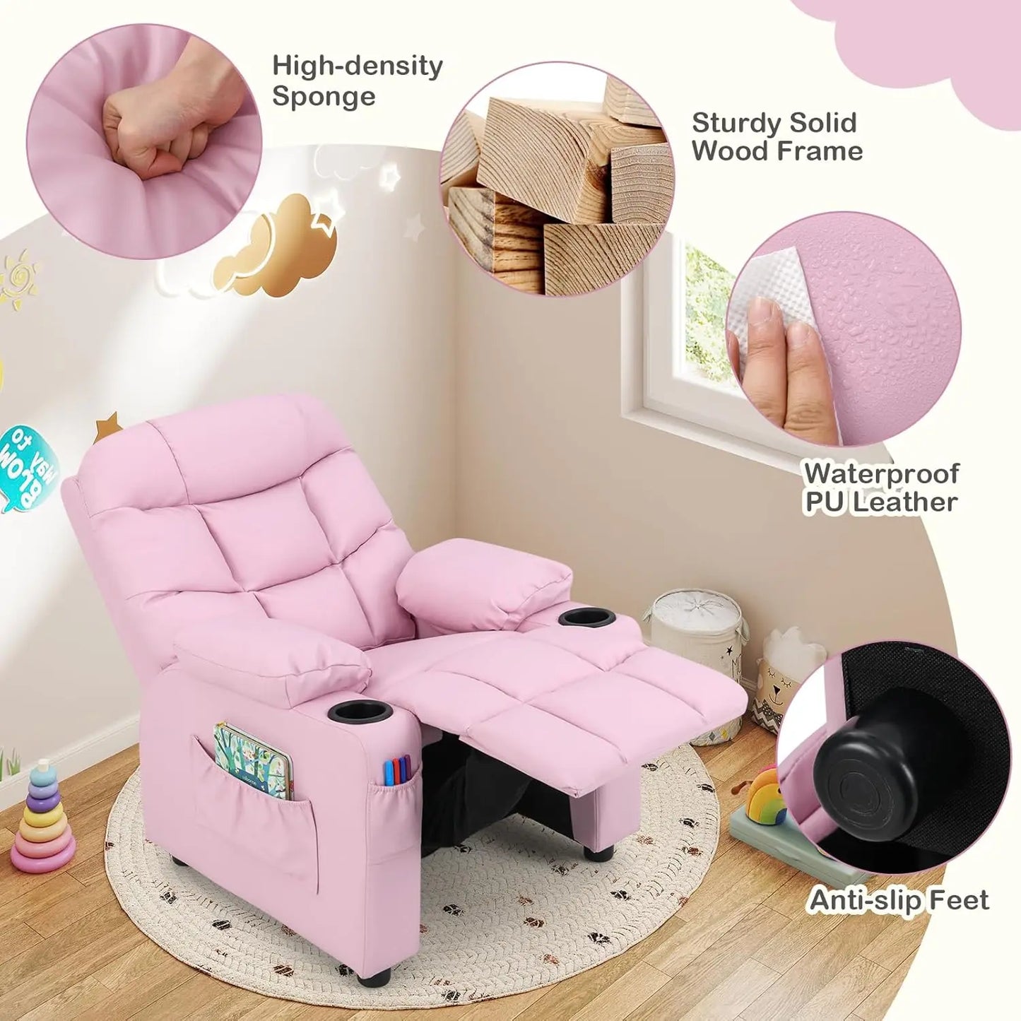 A children's lounge chair with a cup holder