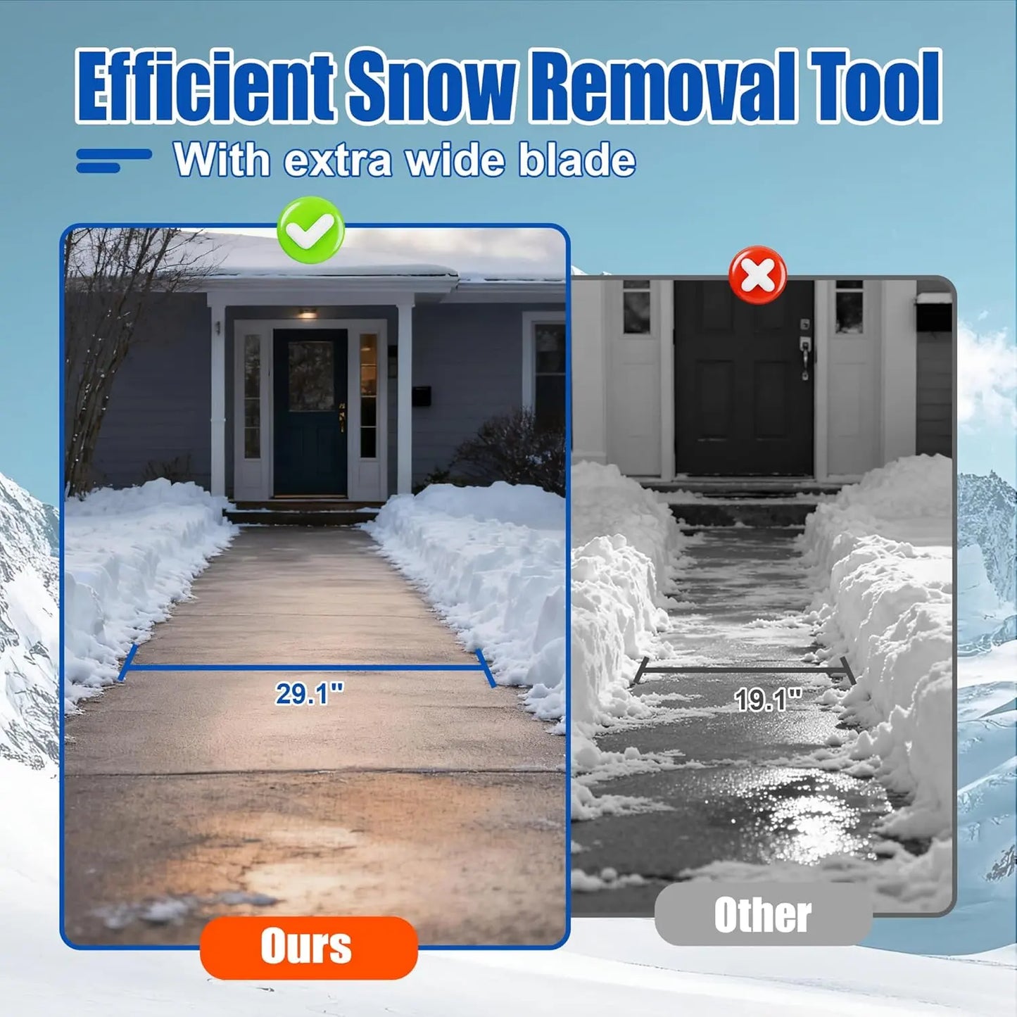 Snow shovels with wheels, snow pushers for snow and ice removal