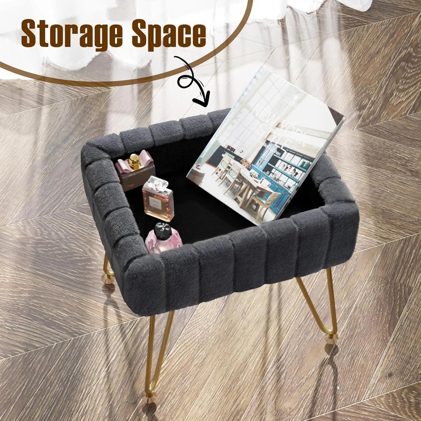 Dressing table, stool, chair, artificial fur and storage