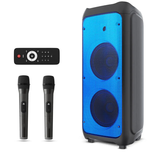 Portable Rechargeable Karaoke Bluetooth Speaker – Dual Wireless Microphones, Dynamic LED Lights, FM Radio, USB, Micro SD, Remote Control