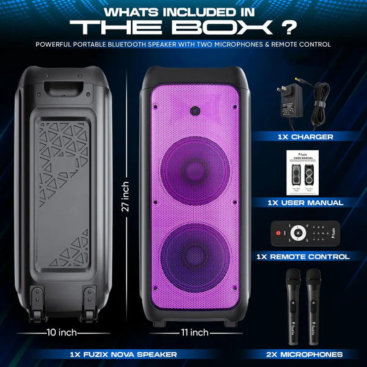 Portable Rechargeable Karaoke Bluetooth Speaker – Dual Wireless Microphones, Dynamic LED Lights, FM Radio, USB, Micro SD, Remote Control