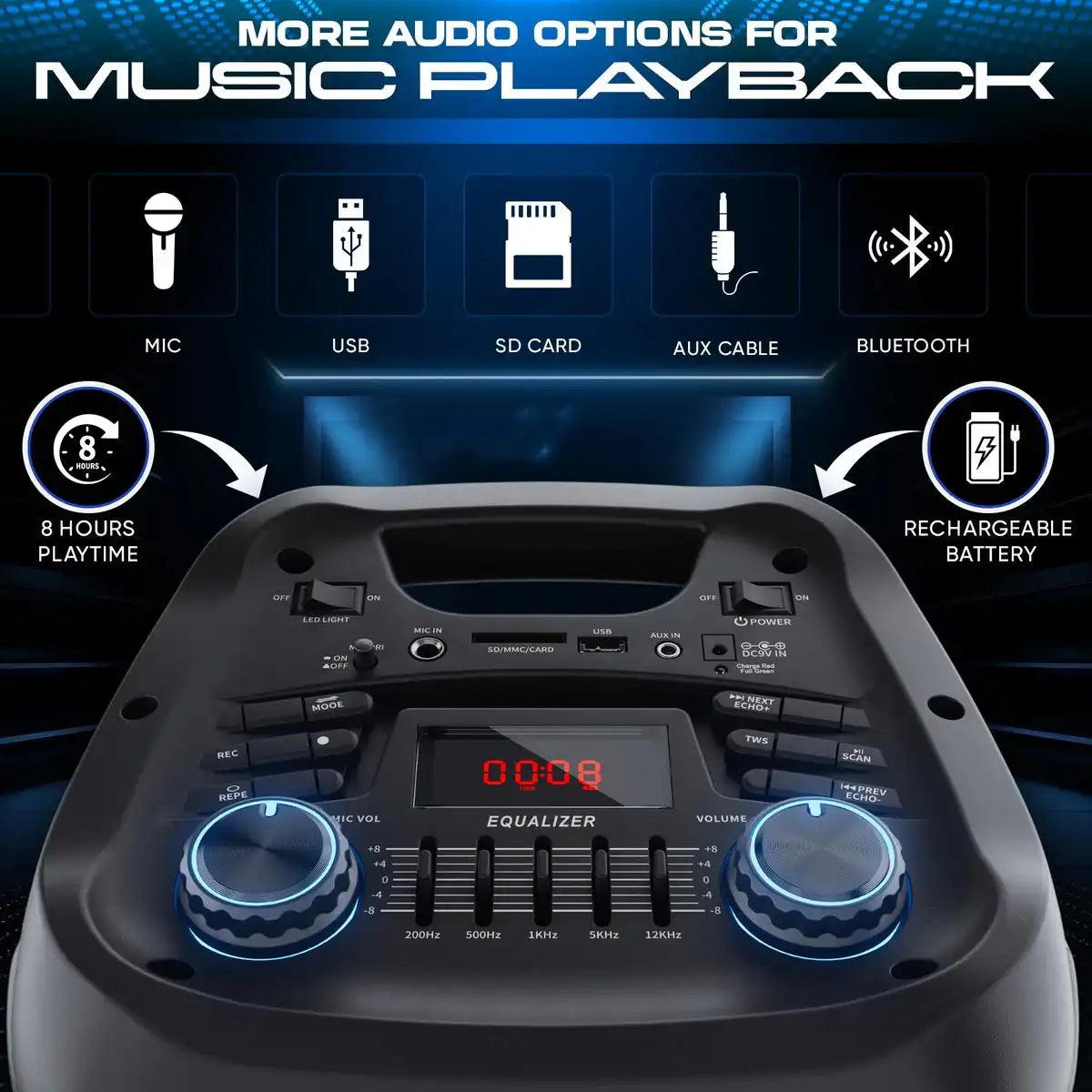 Portable Rechargeable Karaoke Bluetooth Speaker – Dual Wireless Microphones, Dynamic LED Lights, FM Radio, USB, Micro SD, Remote Control