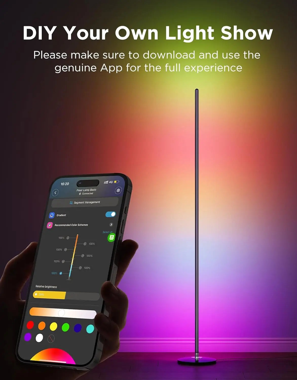 1000-lumen smart modern floor lamp, music synchronization and 16 million DIY colors