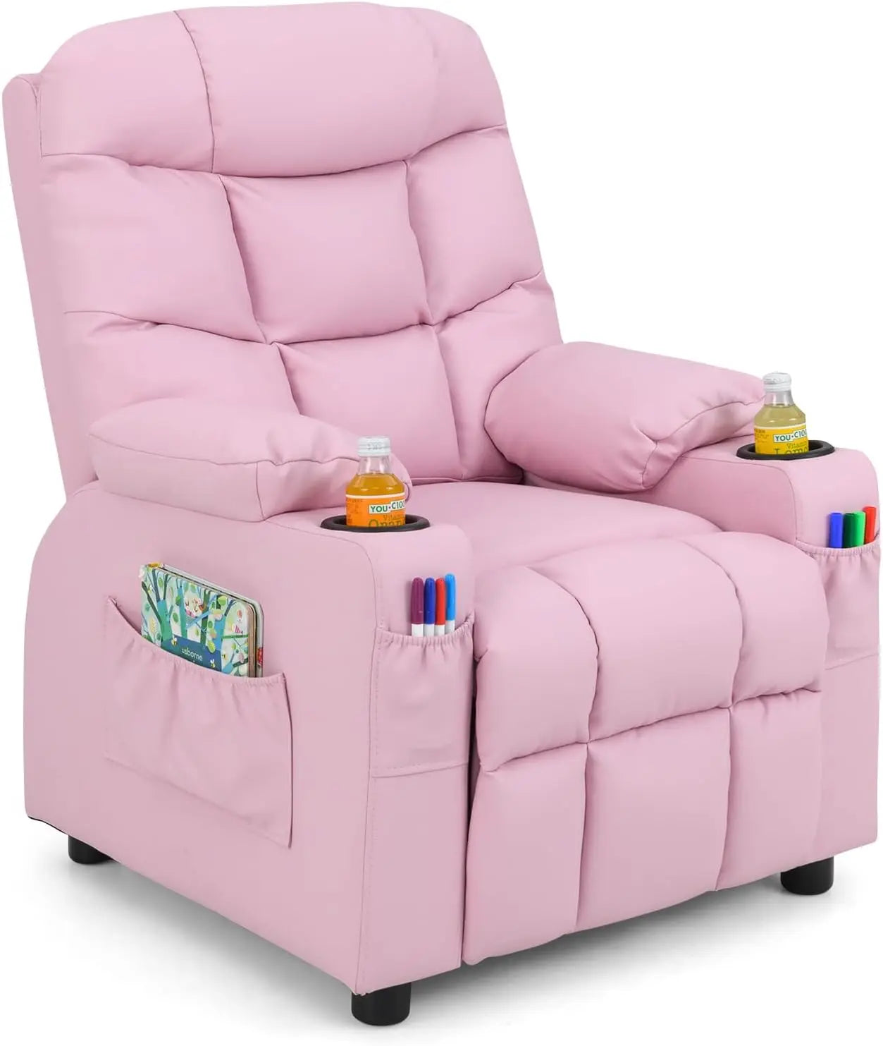 A children's lounge chair with a cup holder
