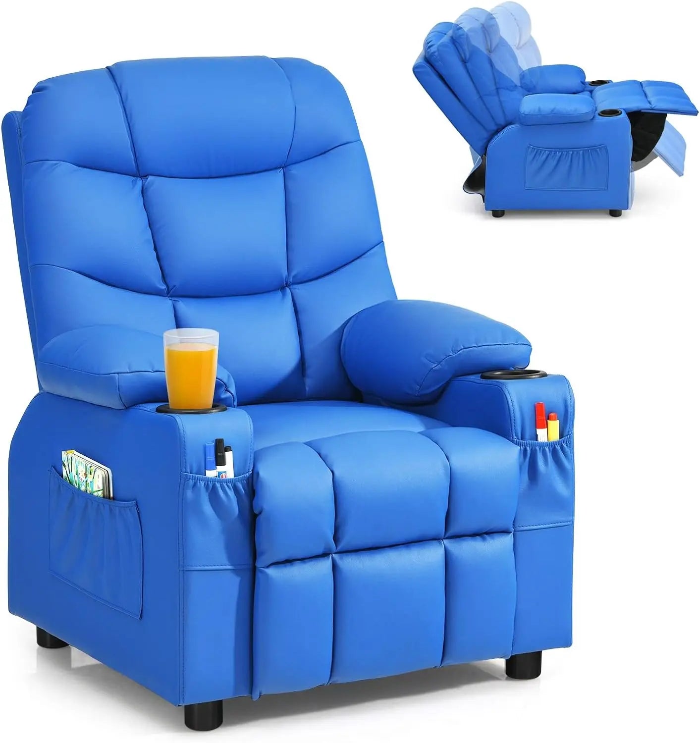 A children's lounge chair with a cup holder