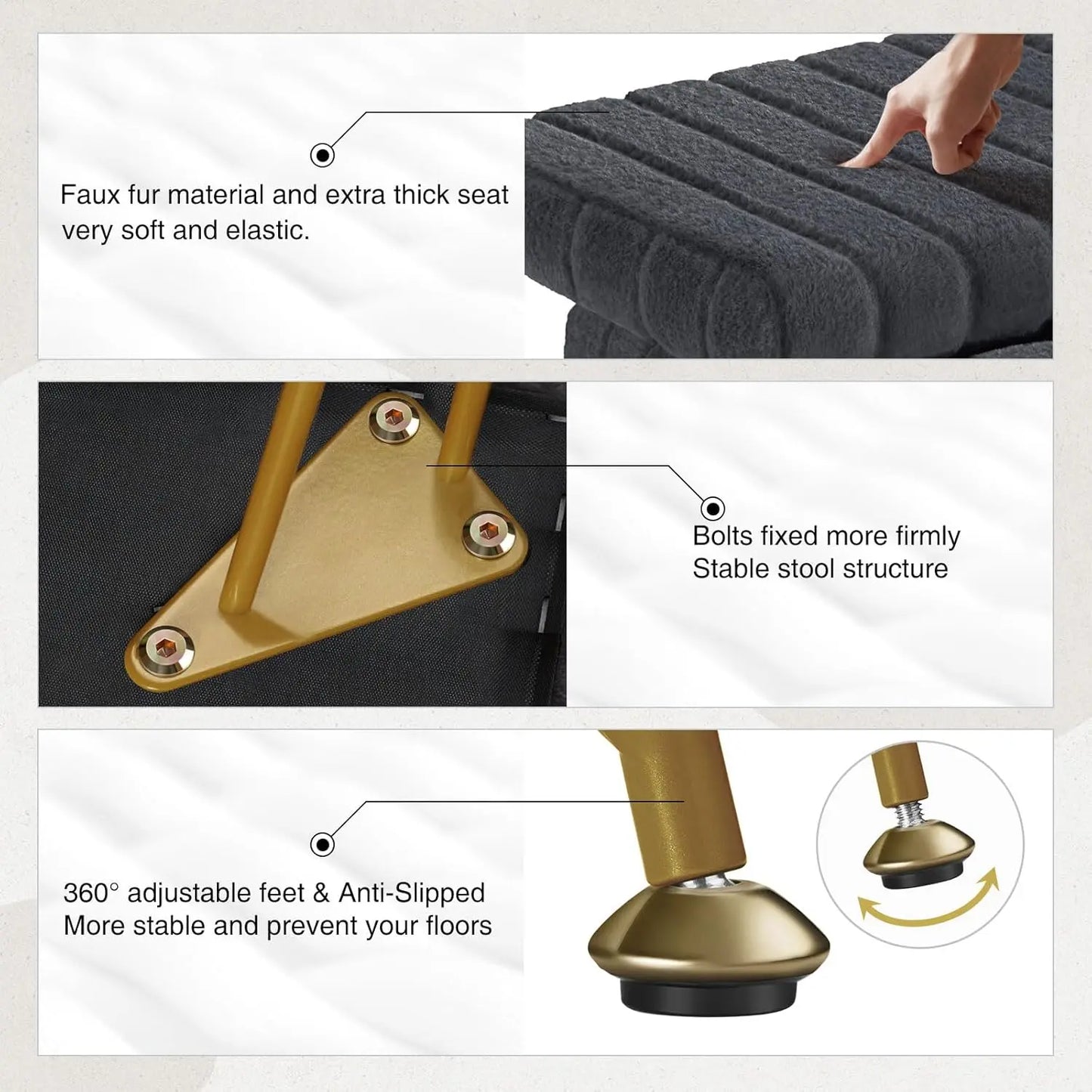 Dressing table, stool, chair, artificial fur and storage