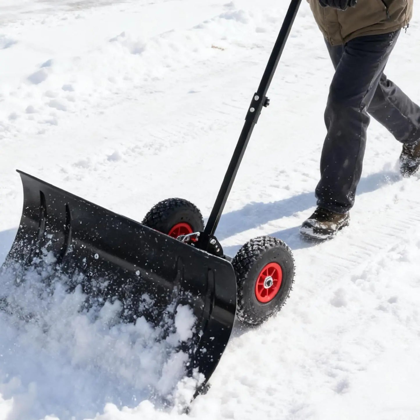 Snow shovels with wheels, snow pushers for snow and ice removal