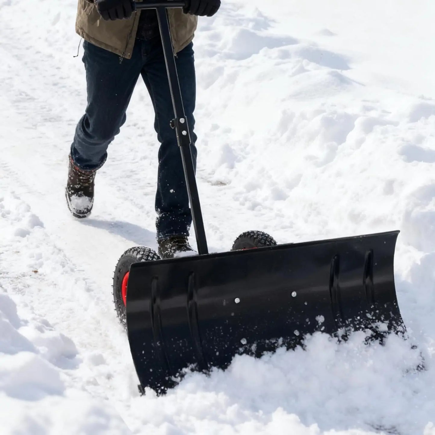 Snow shovels with wheels, snow pushers for snow and ice removal