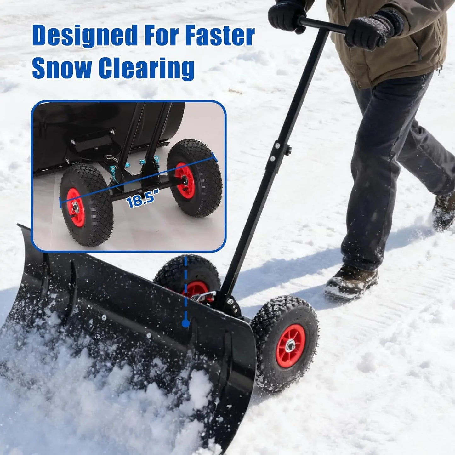Snow shovels with wheels, snow pushers for snow and ice removal