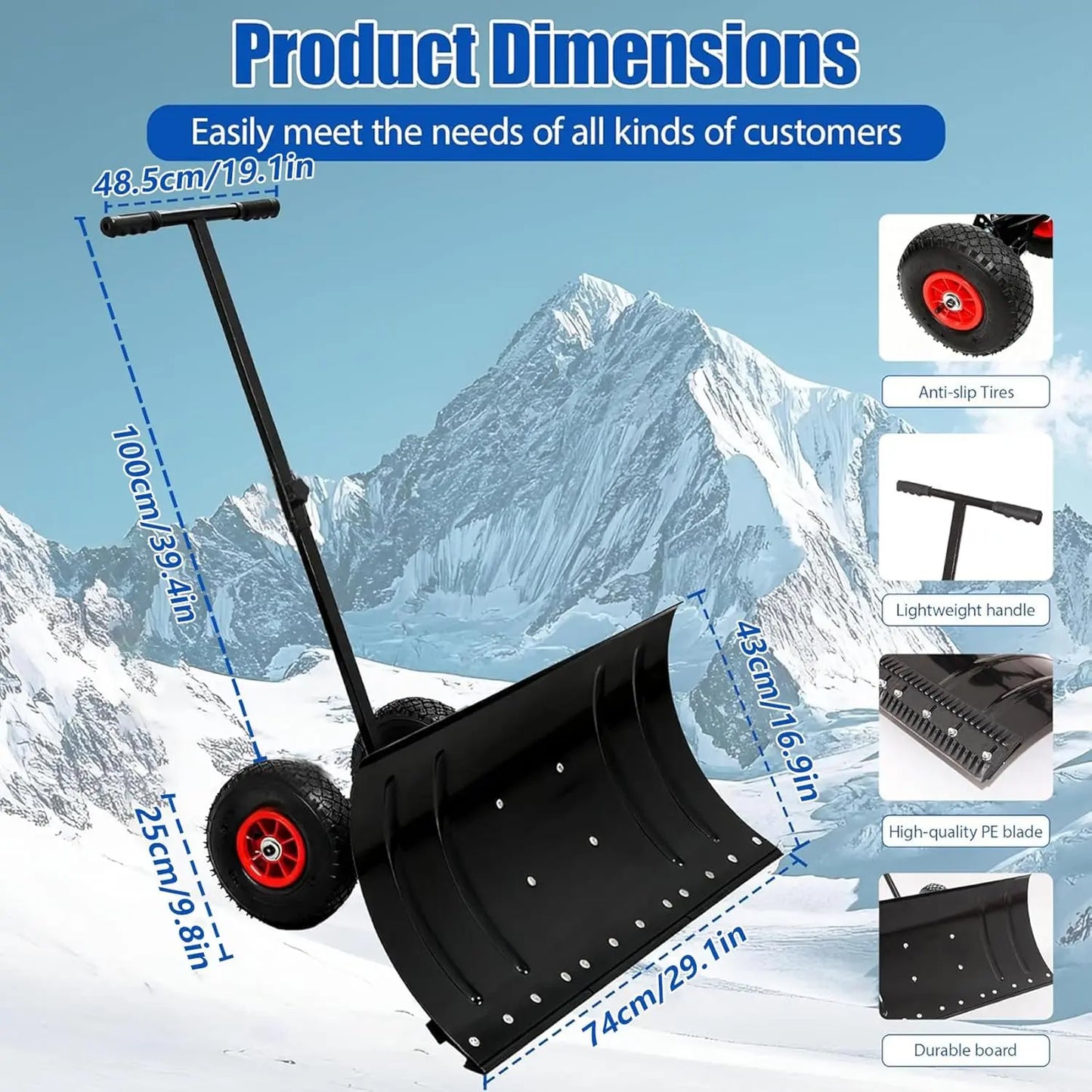 Snow shovels with wheels, snow pushers for snow and ice removal