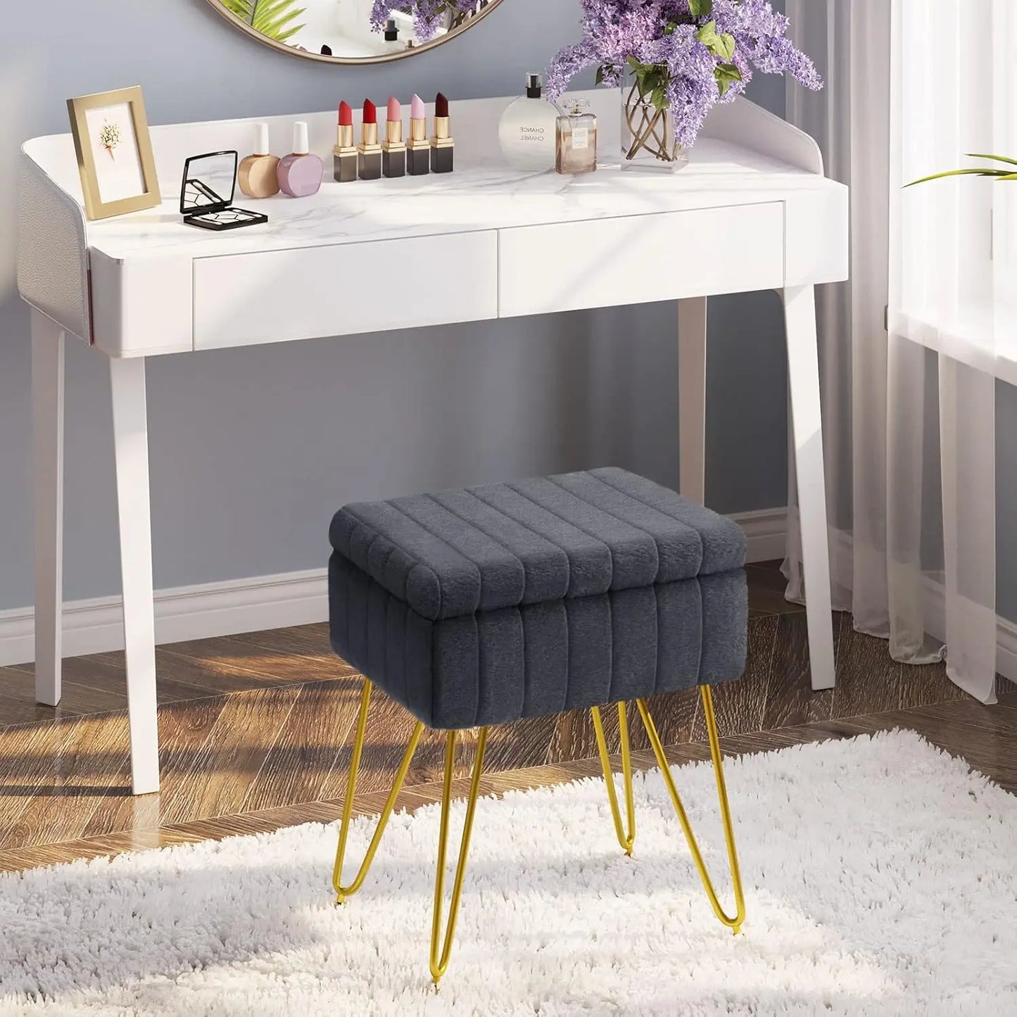 Dressing table, stool, chair, artificial fur and storage