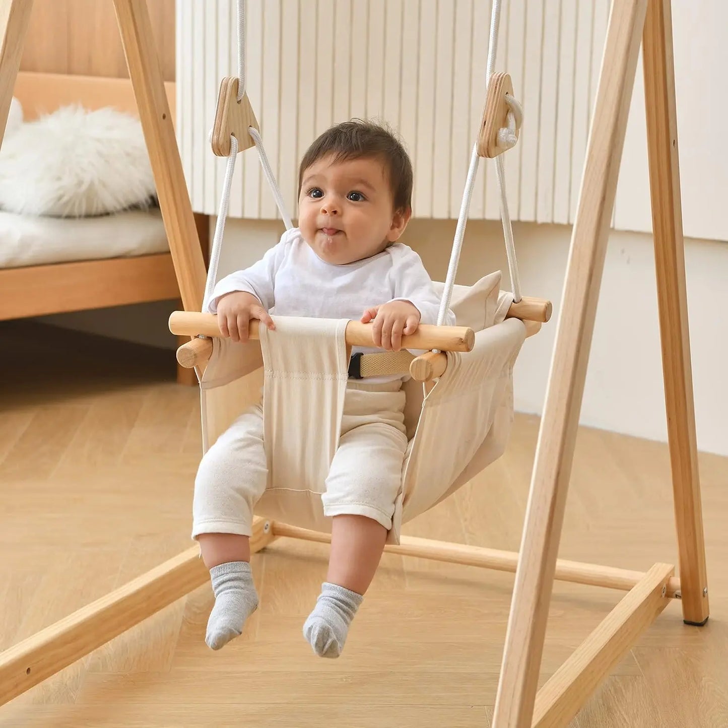 Spruce wood baby and toddler foldable swing set with stand
