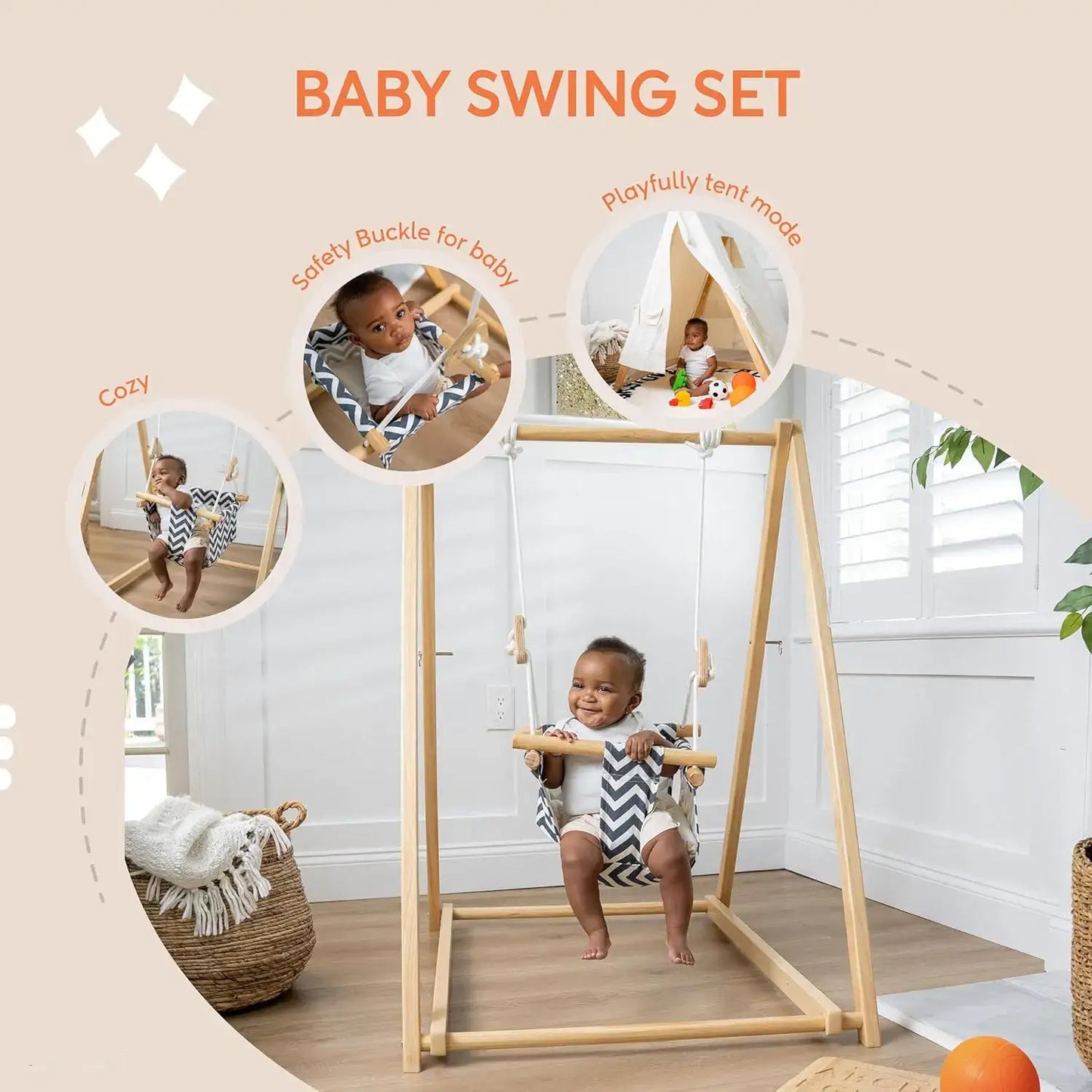 Spruce wood baby and toddler foldable swing set with stand