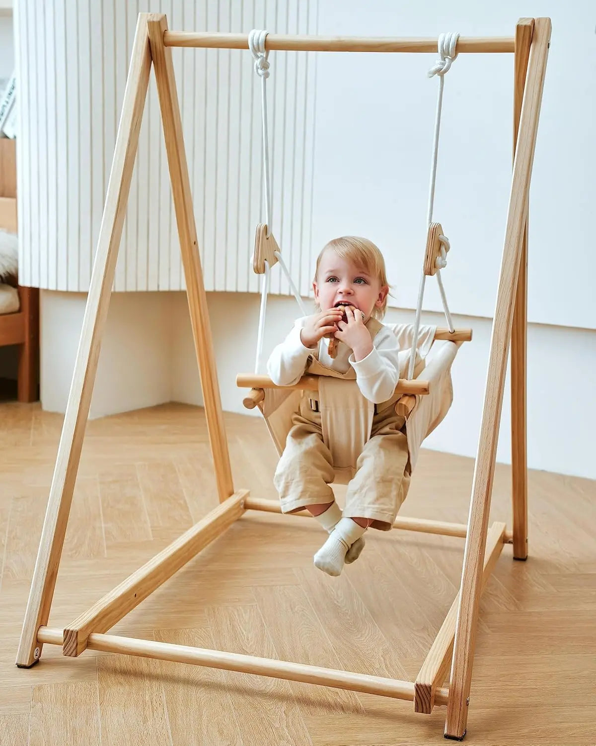 Spruce wood baby and toddler foldable swing set with stand