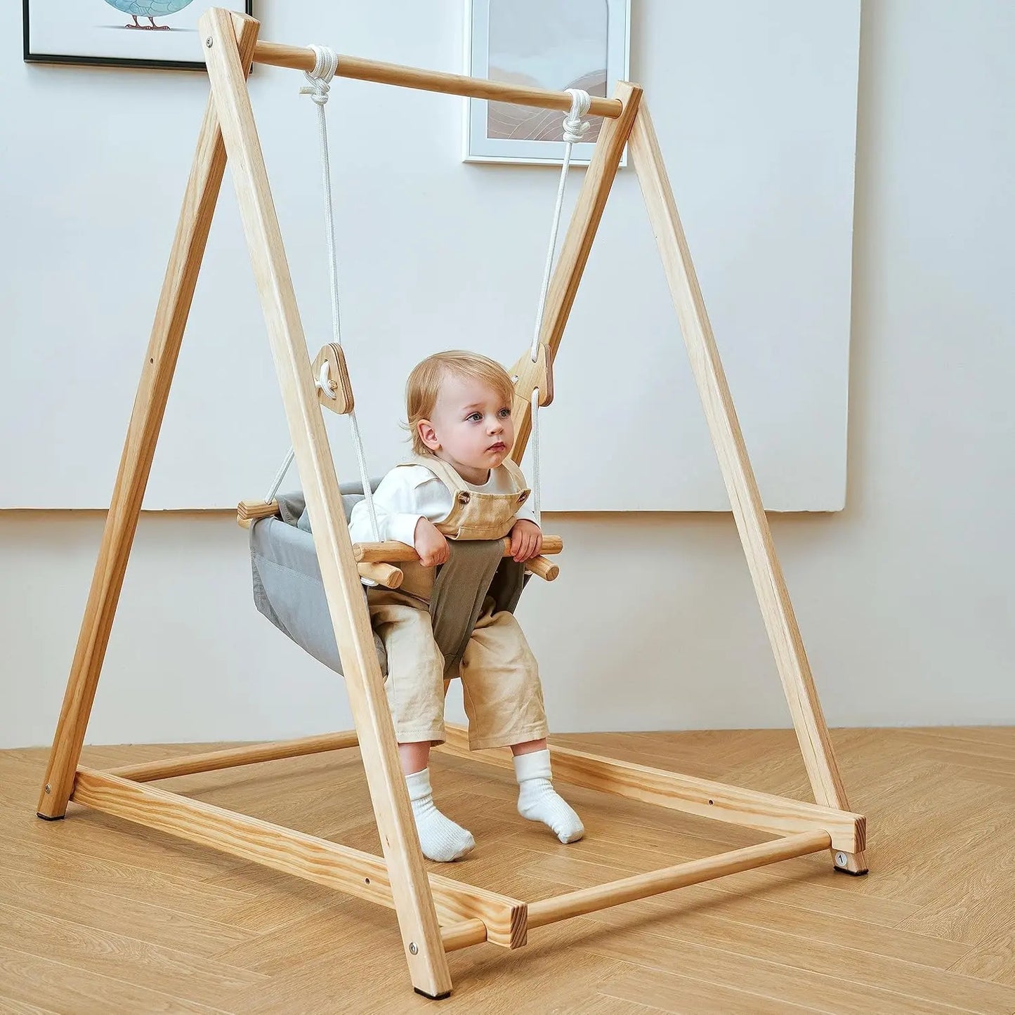 Spruce wood baby and toddler foldable swing set with stand