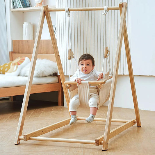 Spruce wood baby and toddler foldable swing set with stand