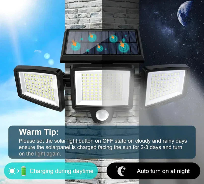Solar Outdoor Security Lights – 2500LM Ultra Bright 3-Head Motion Sensor Light, 210 LEDs