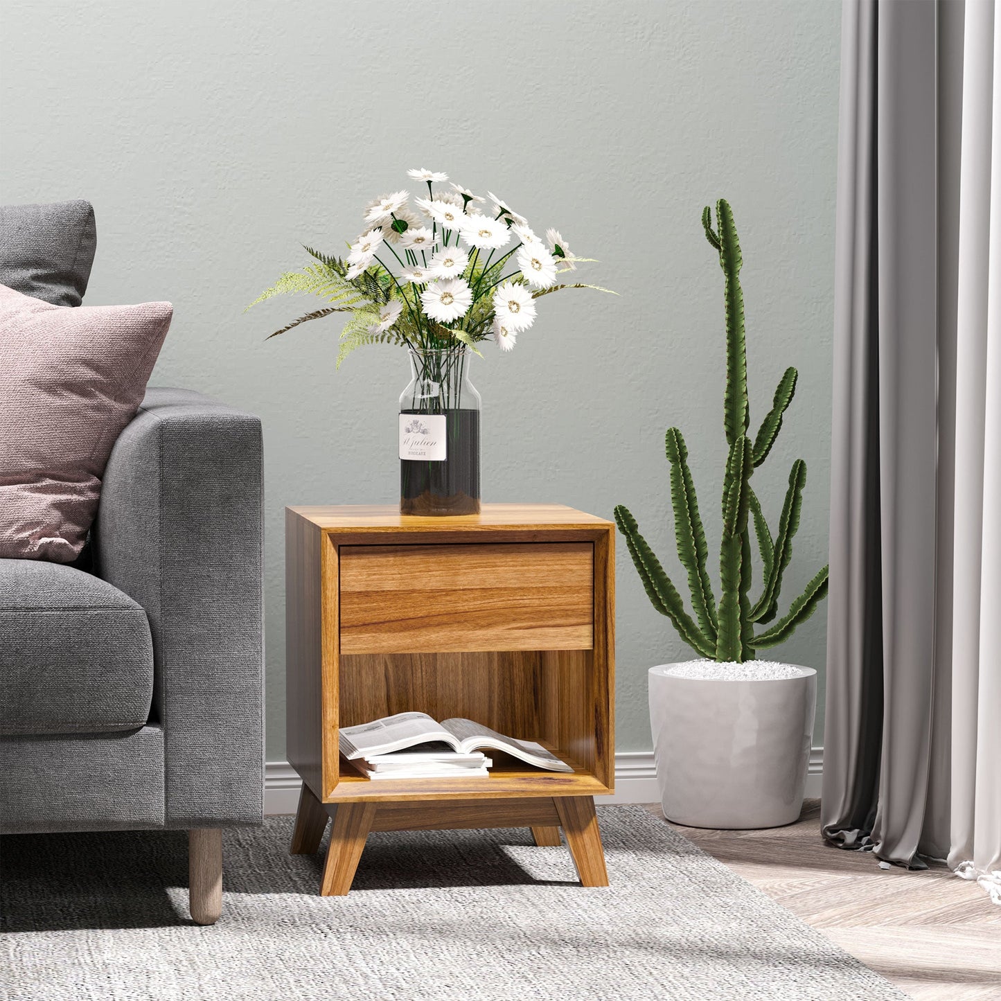 Modern Bedside Table Nightstand with Drawer and Shelf - Walnut Brown